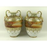 A pair of Noritake twin handled vases, 20th century, of ovoid form,