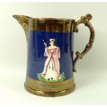 A lustre jug, 19th century, of tapered cylindrical form, with moulded spout and scroll handle,