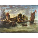 An early 19th century Dutch oil on panel depicting a harbour scene,