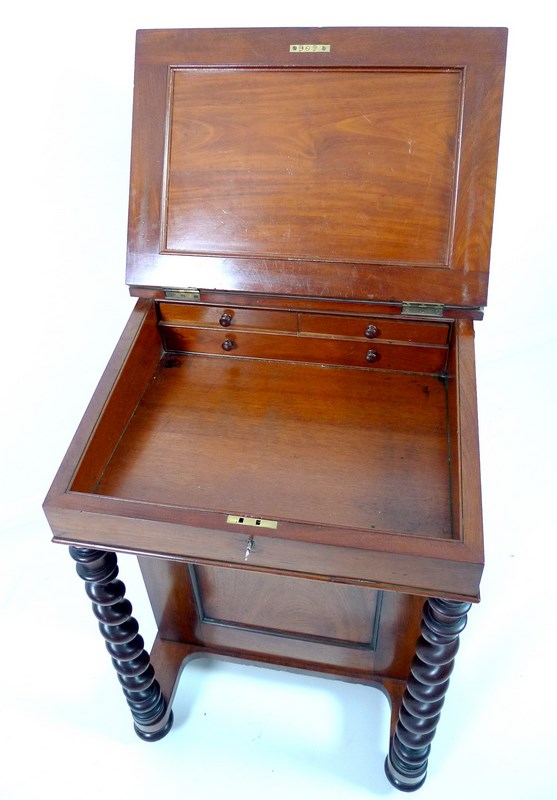 A Victorian mahogany Davenport desk, with barley twist supports brown leather slope, - Image 2 of 7