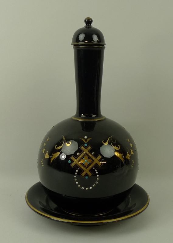 A Jackfield ceramic lidded bottle vase and plate, in black ground with enamel and gilt decoration, - Image 2 of 5