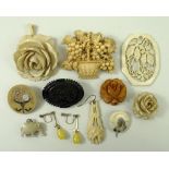 A collection of assorted jewellery comprising a 19th century bone and marine ivory brooch.