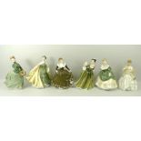 A group of six Royal Doulton ladies, comprising 'First Dance' 3629, 'Soiree' HN2312, 'Grace' HN2318,