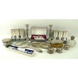 A collection of silver and cut glass items, comprising hand mirror, hair brush, clothes brush,