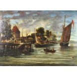 An early 19th century Dutch oil on panel depicting a harbour scene,