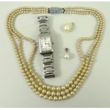 A triple string of Rosita pearls, Maurice Lacroix, a tank watch with stainless steel wristband,