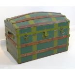 An early 20th century domed wooden steamer trunk, painted green with metal and wooden bindings,