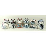 A group of six Lorna Bailey ceramic cats, each signed to the base, including 'Supercat', 13cm.