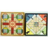 A pair of framed Parcheesi Boards, circa 1930, Selchow and Righter,