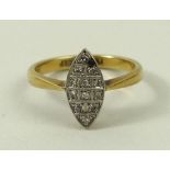 An 18ct gold, platinum and diamond Art Deco ring, the twelve diamonds in a princess setting, size N,