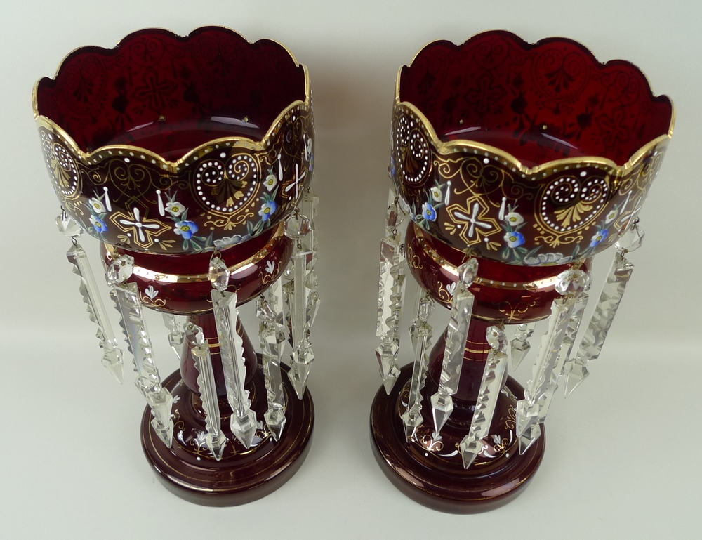A pair of Bohemian ruby glass lustres, enamelled with floral sprays and hand gilded, circa 1890, - Image 4 of 4
