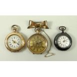 A lady's 14ct gold cased pocket watch with self coloured chapter dial, and Roman numerals,