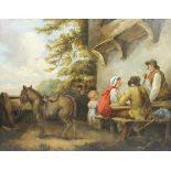 George Morland (British, 1763-1804): seated figures and a pony in a courtyard, oil on canvas,