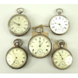 A group of five silver Waltham pocket watches, late 19th and early 20th century,