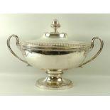 A French silver on copper soup tureen, cover and liner, circa 1800, of footed ovoid form,