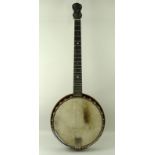 A banjo, 1930s five string, the neck inlaid with mother of pearl.