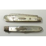 A silver and mother of pearl fruit/pen knife and plated folding fork, circa 1830.