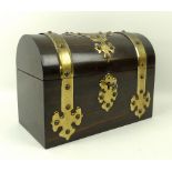 A rosewood stationary casket, with ornate neo-Gothic brass bindings,