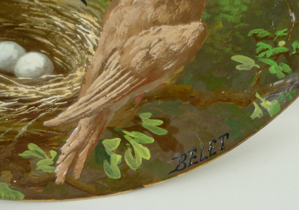 A Clement Massier earthenware barbotine charger, dated 1878, with two nesting birds, signed Belet, - Image 3 of 4