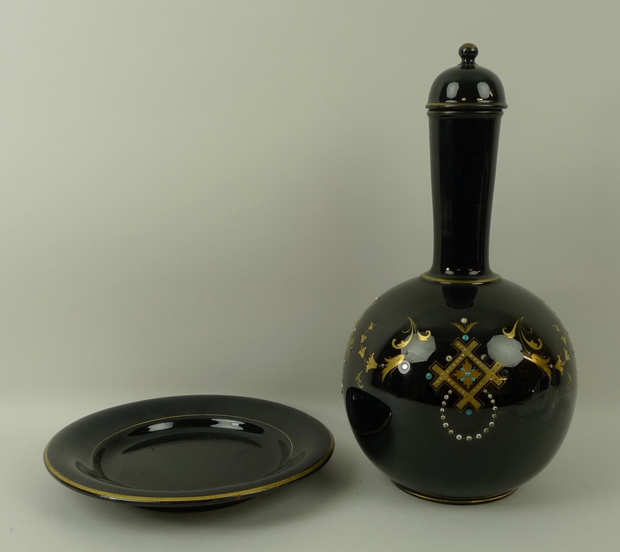 A Jackfield ceramic lidded bottle vase and plate, in black ground with enamel and gilt decoration, - Image 3 of 5