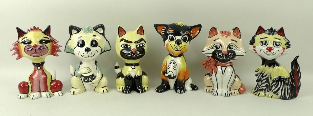 A group of six Lorna Bailey ceramic cats, each signed to the base,