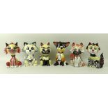 A group of six Lorna Bailey ceramic cats, each signed to the base,