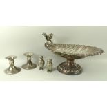 A Walker and Hall plated half shell tazza with a cast squirrel, a pair of silver candlesticks, 7cm,