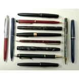 A collection of vintage fountain pens and later ballpoint pens, including a De La Rue & Co, London,
