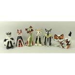 A group of six Lorna Bailey ceramic cats, each signed to the base,