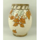 A Crown Ducal ribbed hand potted vase, by Charlotte Rhead, with falling Autumn leaves,