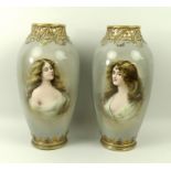 A pair of Royal Bonn, Germany, vases, with signed, painted reserve depicting two young ladies,