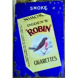 ROBIN CIGARETTES ENAMEL SIGN. 36 by 24ins, SMOKE OGDENS ROBIN CIGARETTES coloured picture of