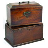 TEA CADDY (?). With brass carrying handle 6.5 by 9ins. Plus oak wooden box 9.75 by 5.25ins. (2) NR