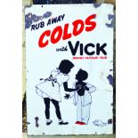 VICK VAPOUR RUB ENAMEL SIGN. 30 by 20ins, silhouette style figure of girl & little boy rubbing vic