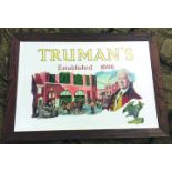 TRUMANS FRAMED PUB MIRROR. 34 by 24ins, TRUMANS/ ESTABLISHED 1666 in gold & red lettering,