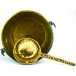 BRASS JAM PAN. 5.25ins tall, 12.5ins diam, with metal overhead handle. Plus brass pan on 3 legs 6.