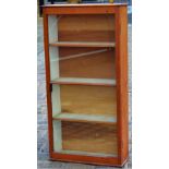 WOODEN DISPLAY CASE. 4ft tall, 2ft wide, 9ins deep. Glass door front fitted with 3 wooden shelves. A