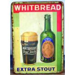 WHITBREAD COLOURED PRESSED TIN SIGN. 13.75 by 9.75ins, WHITBREAD/ EXTRA STOUT with bottle & glass of