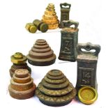 LARGE GROUP OF WEIGHTS. Mainly cast iron circular graduated weights, plus tall sloping square