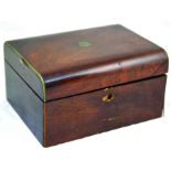 SEWING BOX. 19th century, 5.25 by 9.25ins, mahogany with brass shield inlay to lid. Some contents.