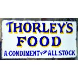 THORLEYS FOOD ENAMEL SIGN. 33by 16ins, THORLEY'S/ FOOD/ A CONDIMENT FOR ALL STOCK blue & yellow