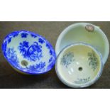 3 HAND WASH BOWLS. Largest 14.5ins diam. One with blue & white floral design, other white glaze with