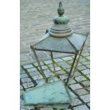 GAS LAMP LANTERN. 32ins tall, canopy 17ins square at top, copper construction with glass. (Buyer