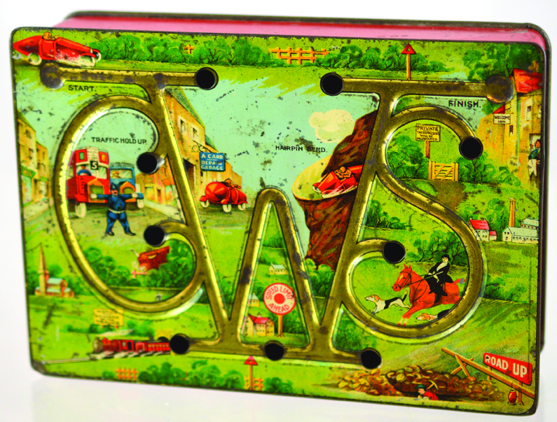 C.W.S. BISCUIT TIN. 6.75 by 4.75 by 1.5ins, multicoloured pictorial scene to lid with C.W.S. letters