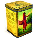 RAM LALS PURE INDIAN TEA TIN. 8ins tall, 5.5ins square, coloured image of Indian lady picking tea