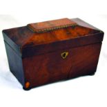 TEA CADDY. 19th century mahogany tea caddy, sarcophagus shape 5.75ins tall, 9ins long, twin