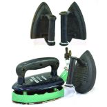 4 VINTAGE FLAT IRONS. Gas powered green & black enamel iron marked THE RHYTHM NO 3750 RADIATION.