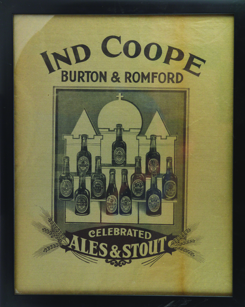 IND COOPE FRAMED ADVERT. 19.75 by 15.75ins, IND COOPE/ BURTON & ROMFORD CELEBRATED/ ALES & STOUT