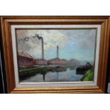 A group of three 20th century oils, including a river scene with factories, a market scene signed G.