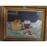 Owen Ramsay (20th century), Still life of tankard, bread and cheese, oil on canvas,